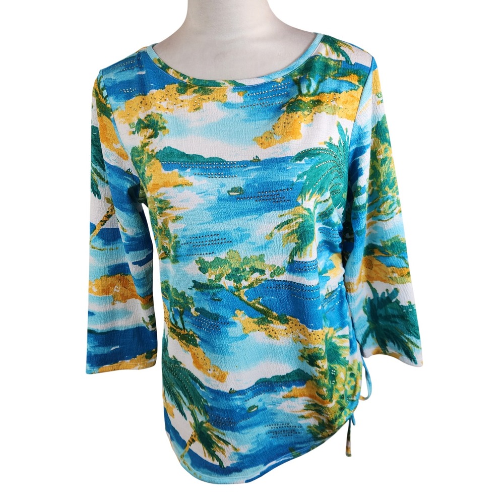 Ruby Rd Womens Tropical Beach Scene Long Sleeve Knit Top Size S‎